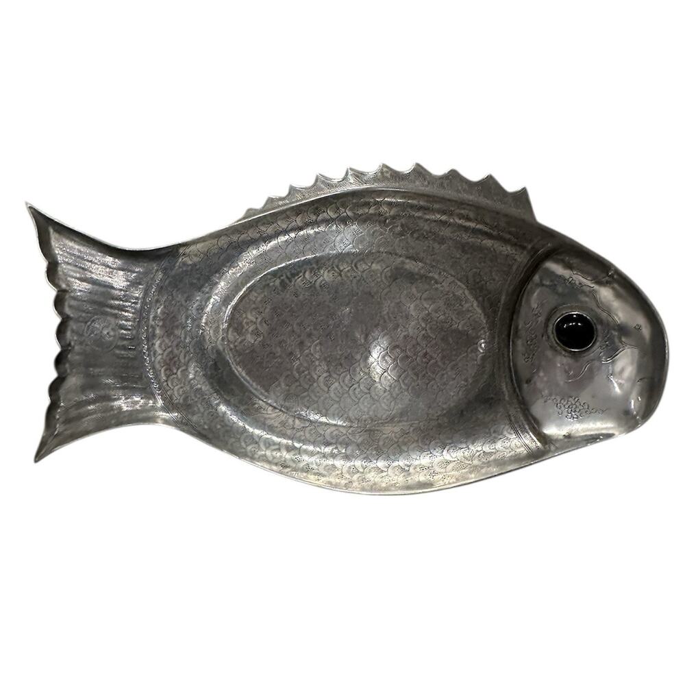 Vintage 1975 ARTHUR COURT Aluminum FISH Serving Tray 25” Agate Precious Stone